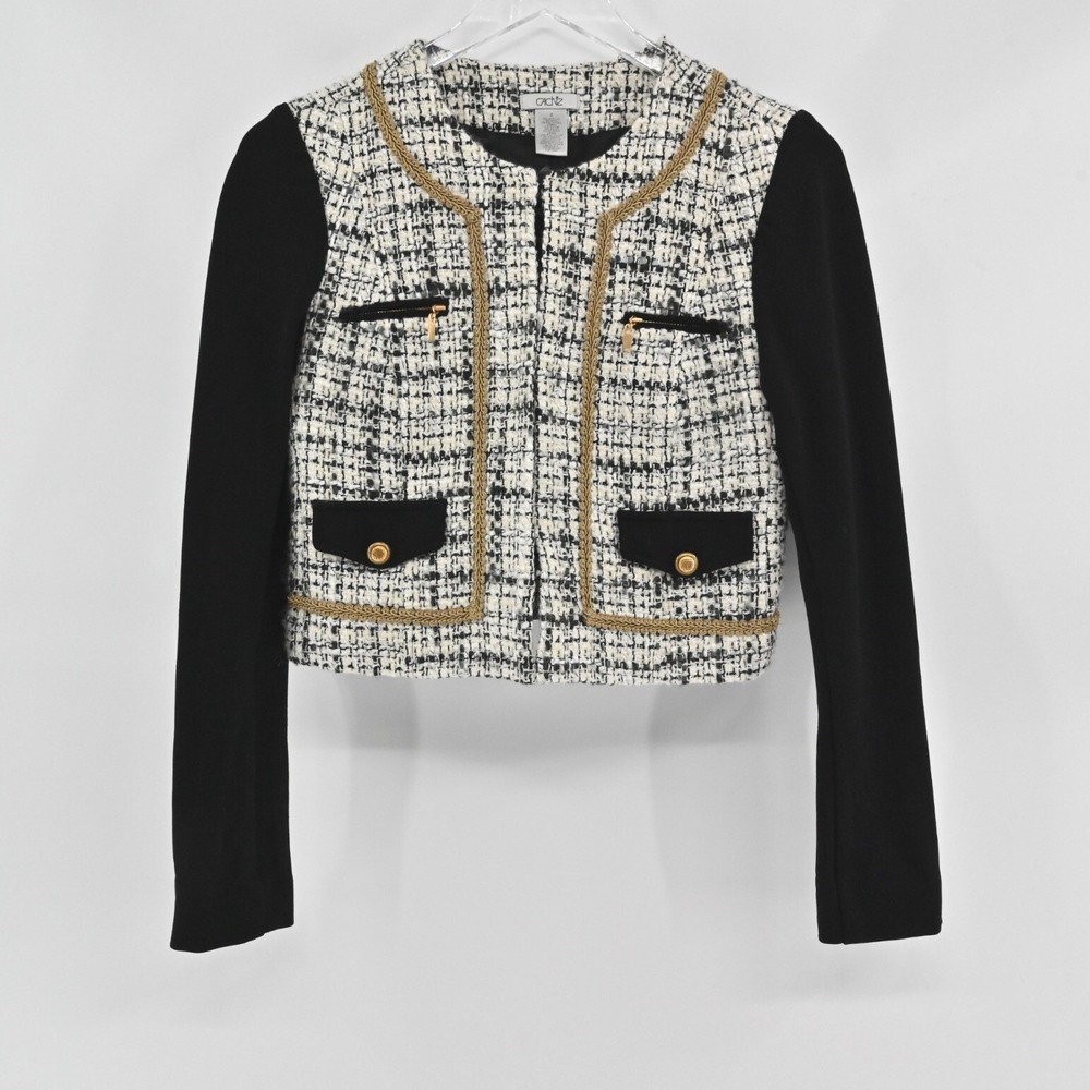 Cache Cropped Tweed Jacket Womens Size 2 Black White Wool Preppy Gold Old Money‎